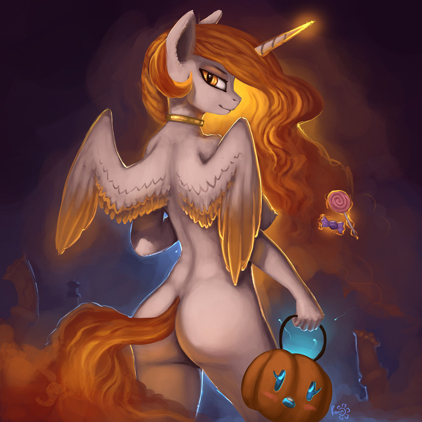 2015 animal_genitalia animal_penis anthro anthrofied breasts butt candy disembodied_penis equine equine_penis feathered_wings feathers female food friendship_is_magic fruit glowing hair halloween hi_res holidays horn jack_o'_lantern levitation long_hair looking_at_viewer magic male mammal my_little_pony nude penis princess_celestia_(mlp) pumpkin rain-gear rear_view solo white_feathers winged_unicorn wings