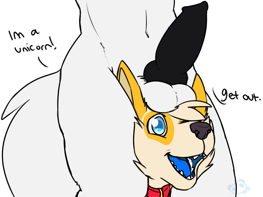 2015 ambiguous_gender animal_genitalia animal_penis anthro ball_hat balls between_legs black_penis blue_eyes blue_tongue canine canine_penis collar cute dialogue duo english_text erection faceless_male fox fur happy humor knot lol_comments male male/ambiguous mammal open_mouth panda-chan panda-chan_(character) penis penis_on_head phallicorn playful smile tan_fur tea_bagging text this_isn't_my_horn white_fur whitefox yellow_fur