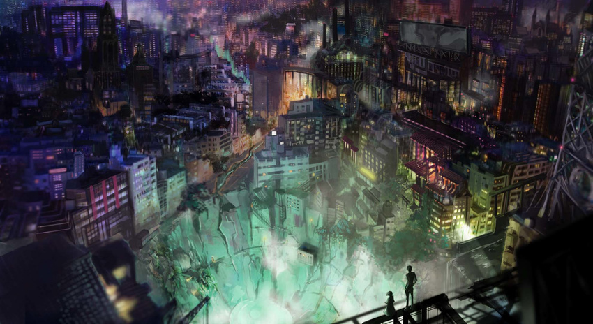 1girl chromatic_aberration city_lights cityscape facing_away fantasy highres looking_away looking_down nurie_(siniariot) onsen original scenery short_hair stairs wallpaper water