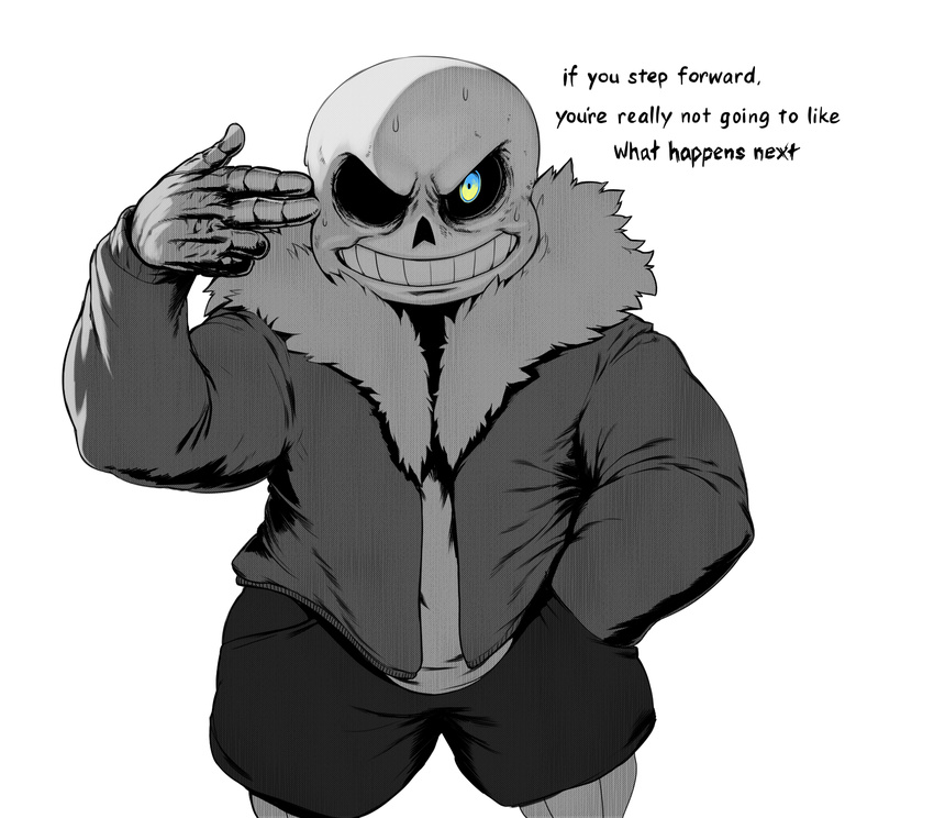1_eye 2015 animated_skeleton bone clothed clothing greyscale hand_in_pocket jacket male modeseven monochrome not_furry sans_(undertale) simple_background skeleton solo sweat sweatdrop text undead undertale video_games white_background