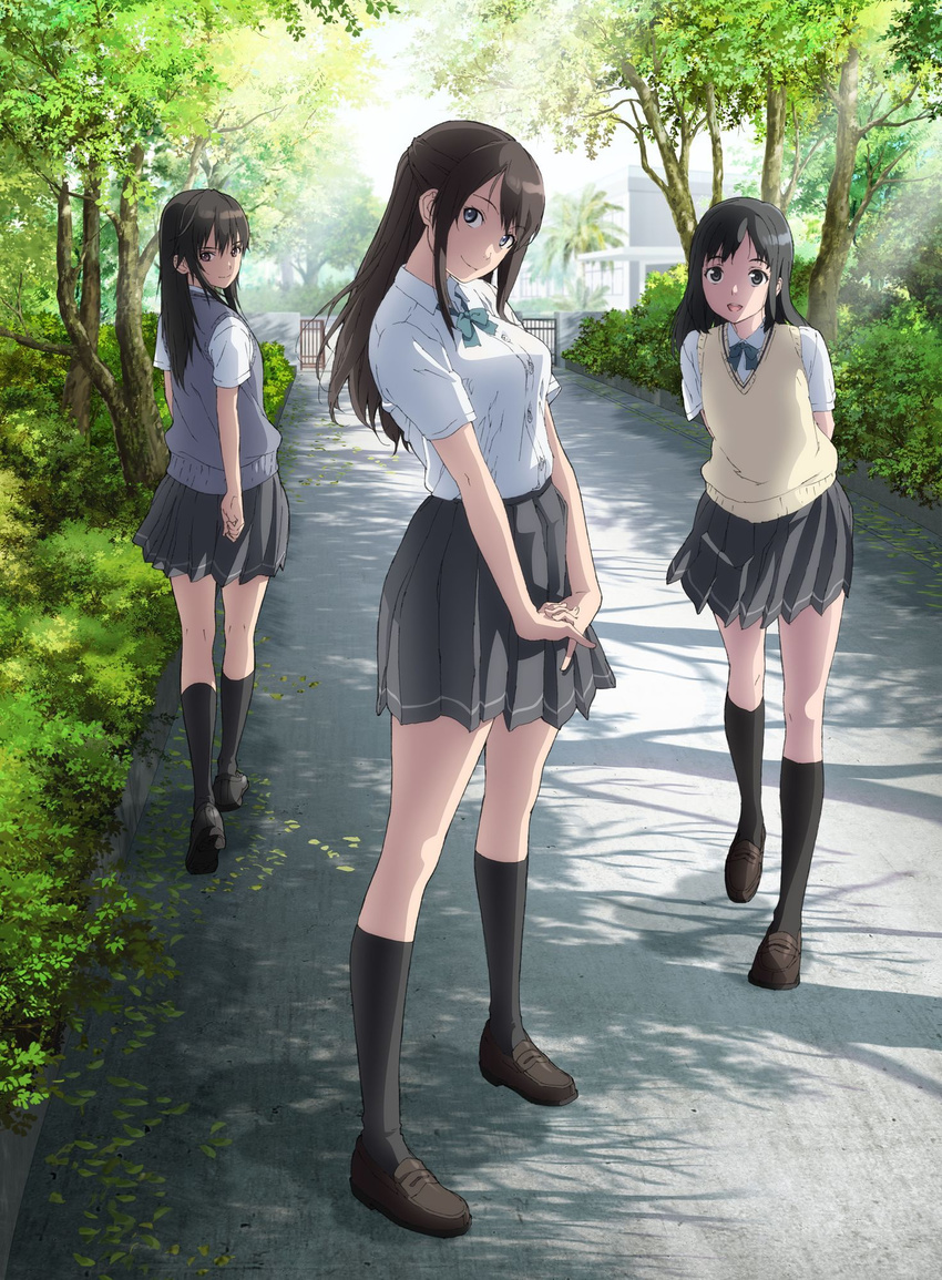 :d arms_behind_back black_eyes black_hair black_legwear black_skirt bow bowtie brown_eyes day dress_shirt full_body green_bow green_neckwear grey_sweater hands_together head_tilt highres kneehighs leaning_forward long_hair looking_at_viewer looking_back miniskirt miyamae_tooru multiple_girls open_mouth outdoors pleated_skirt school_uniform seiren shirt short_sleeves skirt smile sunlight sweater touno_kyouko tree tsuneki_hikari white_shirt yellow_sweater