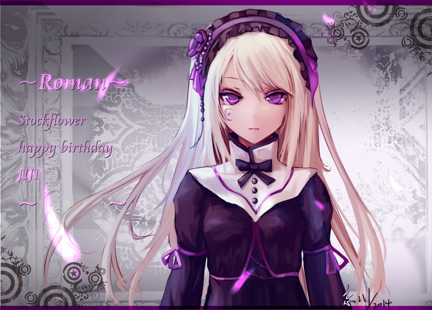 black_bow black_ribbon blonde_hair bow dated dress headdress long_hair looking_at_viewer purple_eyes revision ribbon roman signature solo sound_horizon violette wangchuan_de_quanyan