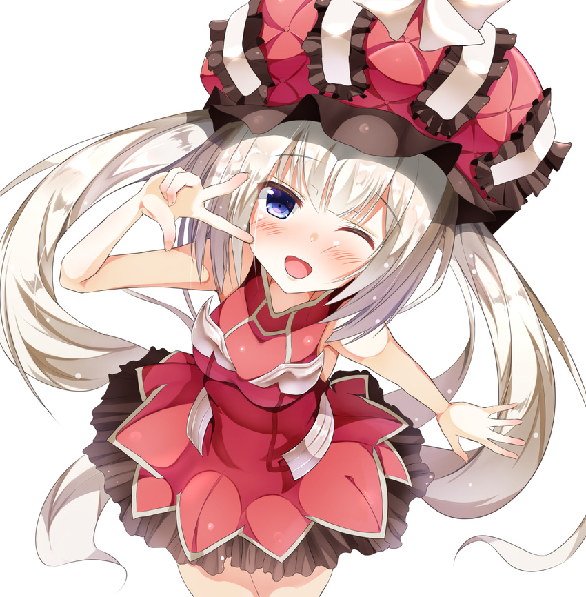 :d blue_eyes blush commentary_request fate/grand_order fate_(series) from_above hat highres kuro75268 long_hair looking_at_viewer marie_antoinette_(fate/grand_order) one_eye_closed open_mouth silver_hair smile solo twintails w white_background