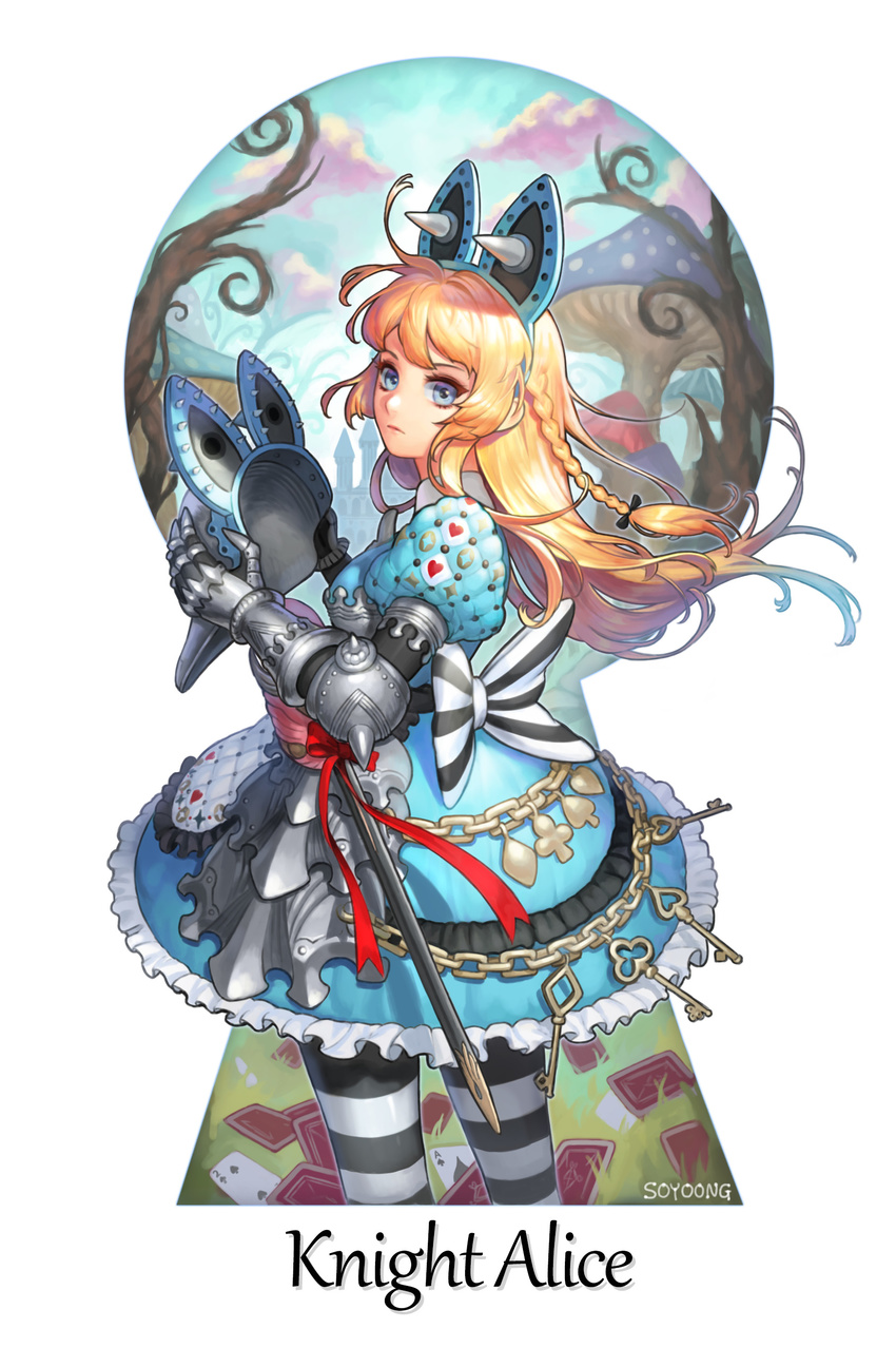 absurdres alice_(wonderland) alice_in_wonderland armor artist_name black_bow blonde_hair blue_dress blue_eyes blue_sky bow braid card character_name dress frilled_dress frills gauntlets grass headwear_removed helmet helmet_removed highres key keyhole long_hair looking_at_viewer mushroom outdoors playing_card playing_card_theme sash sky solo soyoong_jun standing striped striped_bow striped_legwear sword weapon white_bow