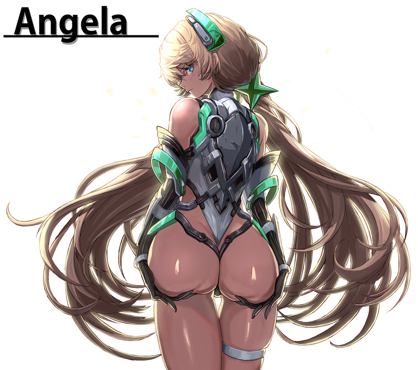 angela_balzac annoyed armor ass ass_grab ass_support backlighting bangs bare_shoulders black_gloves blonde_hair blue_eyes blush character_name closed_mouth cowboy_shot deva_battle_suit elbow_gloves from_below frown gloves grabbing_own_ass hair_between_eyes halterneck hands_on_ass headgear highleg highleg_leotard highres legs_together leotard long_hair looking_at_viewer looking_back low_twintails md5_mismatch pilot_suit profile qbspdl rakuen_tsuihou simple_background skindentation solo thigh_gap thigh_strap thighs thong_leotard turtleneck twintails vambraces very_long_hair white_background white_leotard