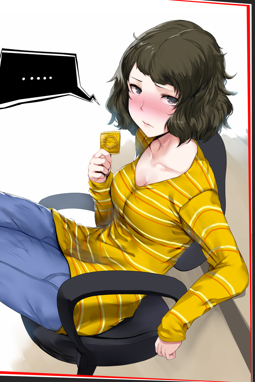 1girl absurdres arm_at_side bangs blue_pants blush breasts brown_eyes brown_hair chair cleavage collarbone condom condom_wrapper embarrassed from_side hand_up hews_hack highres holding holding_condom kawakami_sadayo long_sleeves looking_at_viewer medium_breasts messy_hair nose_blush office_chair paid_reward pants parted_lips patreon_reward persona persona_5 pink_lips shirt short_hair simple_background sitting sleeves_past_wrists solo striped striped_shirt swept_bangs teeth white_background yellow_shirt
