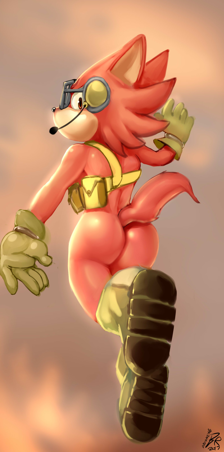 anthro big_ears butt byondrage canine clothing custom_character_(sonic_forces) eyewear footwear fur glasses gloves headphones headset looking_at_viewer looking_back male mammal orange_eyes pointy_ears presenting presenting_hindquarters shoes solo sonic_(series) sonic_forces video_games wolf