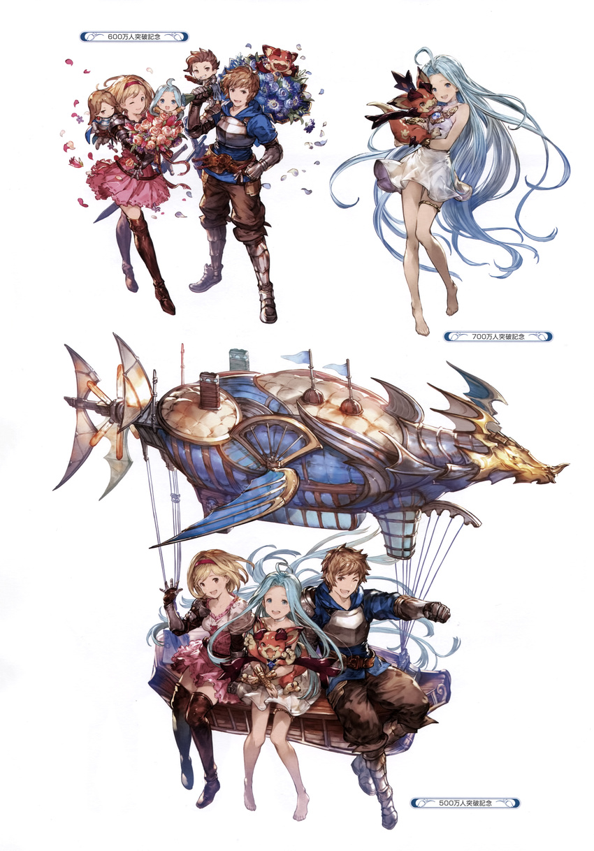 3girls absurdres armor armored_boots barefoot belt blonde_hair boots bouquet bridal_gauntlets brown_footwear chibi cigarette djeeta_(granblue_fantasy) dress facial_hair flower frills full_body gauntlets gran_(granblue_fantasy) granblue_fantasy hairband highres katalina_aryze knee_boots long_hair looking_at_viewer lyria_(granblue_fantasy) minaba_hideo multiple_boys multiple_girls non-web_source official_art one_eye_closed open_mouth petals pink_dress rackam_(granblue_fantasy) scan short_dress short_hair simple_background sitting sleeveless sleeveless_dress smoke thigh_boots thighhighs vee_(granblue_fantasy) white_dress zettai_ryouiki