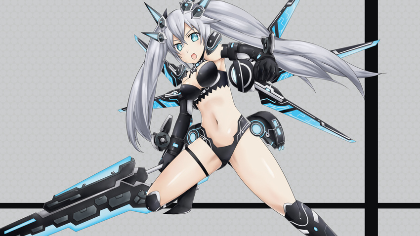 1girl black_heart blue_eyes grey_hair medium_breasts navel neptune_(series) noire open_mouth solo twintails