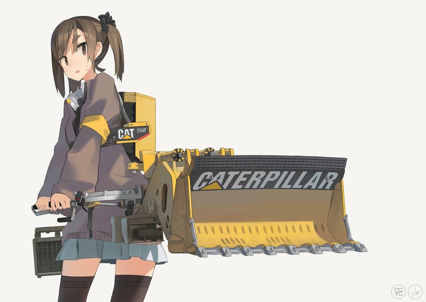 :o armlet astg black_legwear blue_skirt brown_eyes brown_hair caterpillar_(company) cowboy_shot highres long_sleeves looking_to_the_side machine machinery mecha_musume open_mouth original personification pleated_skirt puffy_long_sleeves puffy_sleeves simple_background skirt solo standing sweatdrop thighhighs twintails zettai_ryouiki