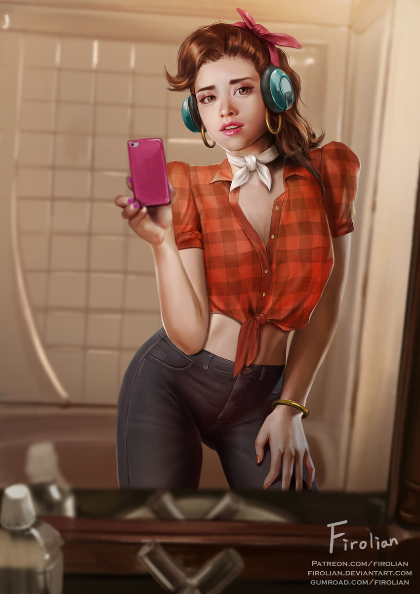 alternate_costume artist_name bangle bathroom belt blue_pants blurry bottle bracelet breasts brown_eyes brown_hair cellphone choker cleavage commentary contrapposto cowboy_shot cruiser_d.va d.va_(overwatch) depth_of_field earrings eyeshadow faucet firolian front-tie_top grey_neckwear hand_on_leg head_scarf headphones highres hoop_earrings indoors jewelry light_smile lips looking_at_viewer makeup medium_breasts medium_hair midriff mirror nail_polish nose open_mouth orange_nails overwatch pants phone pink_lips pink_ribbon plaid plaid_shirt ponytail purple_nails realistic red_shirt ribbon self_shot shirt short_sleeves signature sink smartphone solo standing teeth tight tight_pants tile_wall tiles watermark web_address