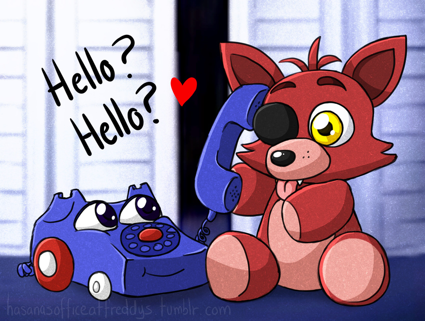 &lt;3 blue_eyes canine cute english_text eye_patch eyewear fangs five_nights_at_freddy's five_nights_at_freddy's_4 fox foxy_(fnaf) fur hasana-chan male mammal phone phone_guy_(fnaf) plushie red_fur smile solo text tongue tongue_out toy video_games yellow_eyes