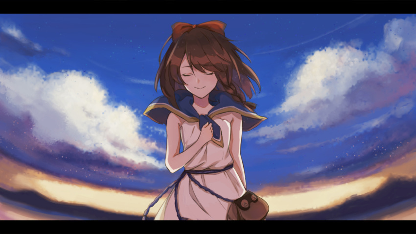 1girl artist_request bag blue_capelet blue_sky bow braid brown_hair capelet cloud dress eyes_closed facing_viewer handbag lost_song outdoors red_bow rin_(lost_song) sky smile solo standing white_dress