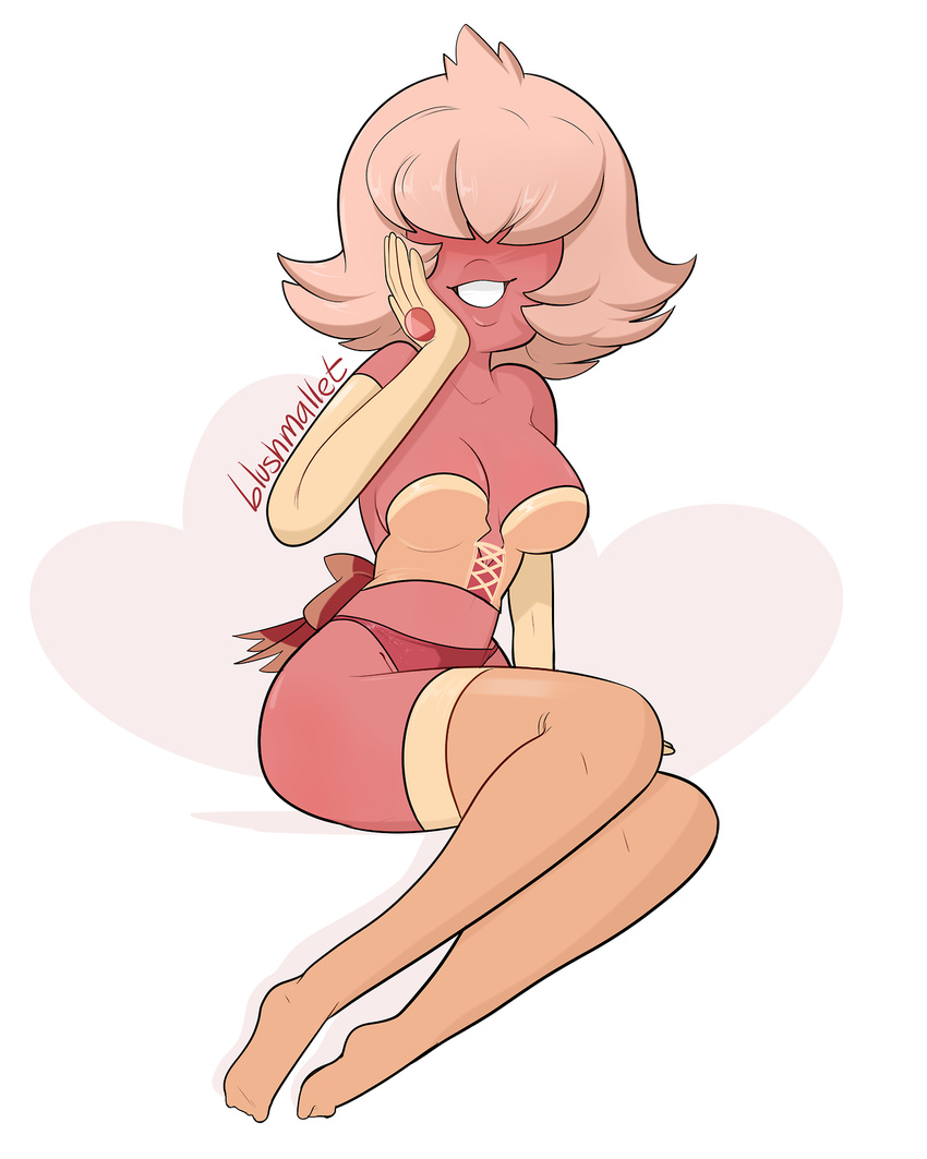 1girl blushmallet breasts elbow_gloves hair_over_eyes lingerie padparadscha_(steven_universe) pink_hair pink_skin short_hair solo steven_universe thighhighs
