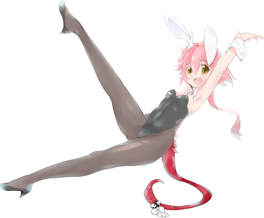 animal_ears armpits bare_shoulders breasts brown_eyes bunny_ears bunnysuit butsu_menhou character_request cuffs fishnet_pantyhose fishnets high_heels highres leg_up long_hair looking_at_viewer pantyhose pink_hair pointy_ears sengoku_bushouki_muramasa simple_background small_breasts smile solo white_background