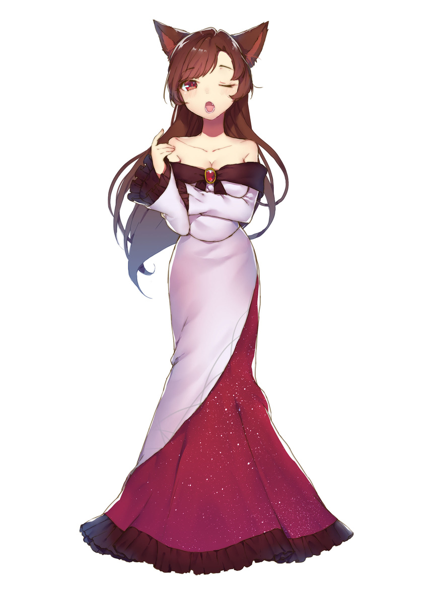 acidear animal_ears bangs bare_shoulders breasts brooch brown_hair cleavage collarbone dress full_body highres imaizumi_kagerou jewelry long_hair long_sleeves looking_at_viewer medium_breasts one_eye_closed open_mouth red_dress red_eyes simple_background solo swept_bangs touhou white_background white_dress wide_sleeves wolf_ears