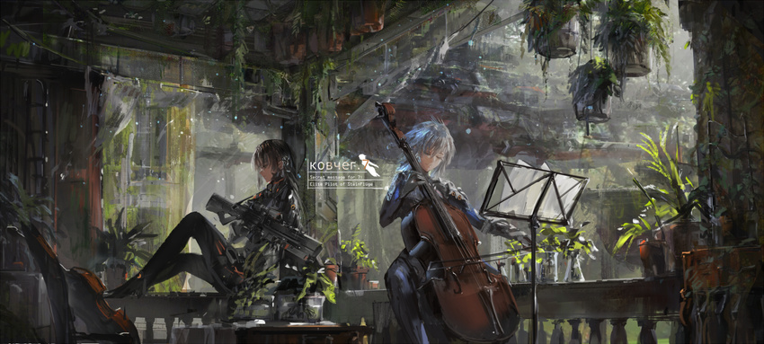 black_hair closed_eyes english gun holding holding_gun holding_instrument holding_weapon instrument looking_away multiple_girls music_stand original plant potted_plant russian sheet_music short_hair sketch smile stu_dts table translated violin violin_bow weapon white_hair