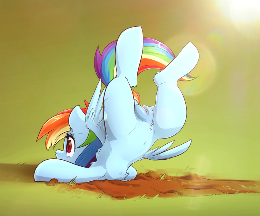 2016 blue_fur butt equine eto_ya feathered_wings feathers female feral friendship_is_magic fur hair hooves mammal multicolored_hair my_little_pony outside pegasus plump_labia pussy rainbow_dash_(mlp) rainbow_hair solo wings