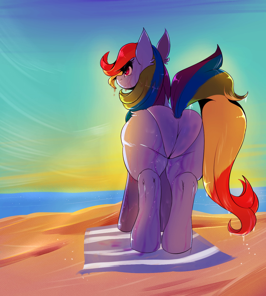 2015 beach bikini blue_fur butt clothing equine female feral friendship_is_magic fur hair hi_res horse lunarmarshmallow mammal multicolored_hair multicolored_tail my_little_pony on_towel outside pony rainbow_dash_(mlp) rainbow_hair rainbow_tail rear_view seaside solo swimsuit towel water