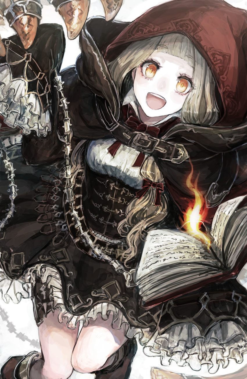 belt blonde_hair book boots buckle chain cloak dress eyelashes fire flame frills highres holding holding_book hood hood_up little_red_riding_hood_(sinoalice) long_hair long_sleeves looking_at_viewer magic open_mouth shino_(shino-xx) sinoalice smile solo white_background yellow_eyes