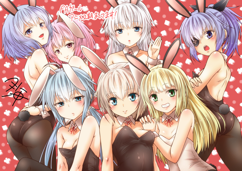 animal_ears architect bare_back bare_shoulders baselard blonde_hair blue_eyes blue_hair breasts bunny_ears bunny_girl bunny_tail bunnysuit cleavage collar commentary_request eyebrows_visible_through_hair eyepatch frame_arms_girl frown gourai green_eyes grin hair_between_eyes hand_on_another's_back hand_on_another's_shoulder hand_up jinrai_(frame_arms_girl) long_hair looking_at_viewer materia_kuro materia_shiro medium_breasts multiple_girls open_mouth pantyhose pink_hair ponytail purple_eyes short_hair small_breasts smile stylet tail teeth twintails white_hair yua_(checkmate)