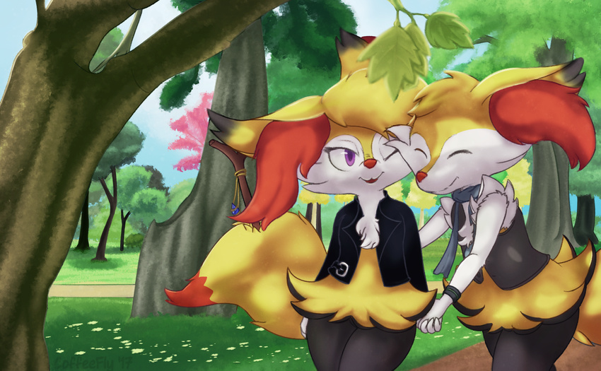 braixen cafe_(character) clothing coffeefly eyes_closed female gem grass hand_holding jacket leaf male nintendo one_eye_closed park pok&eacute;mon scarf smile standing stick te tree vest video_games