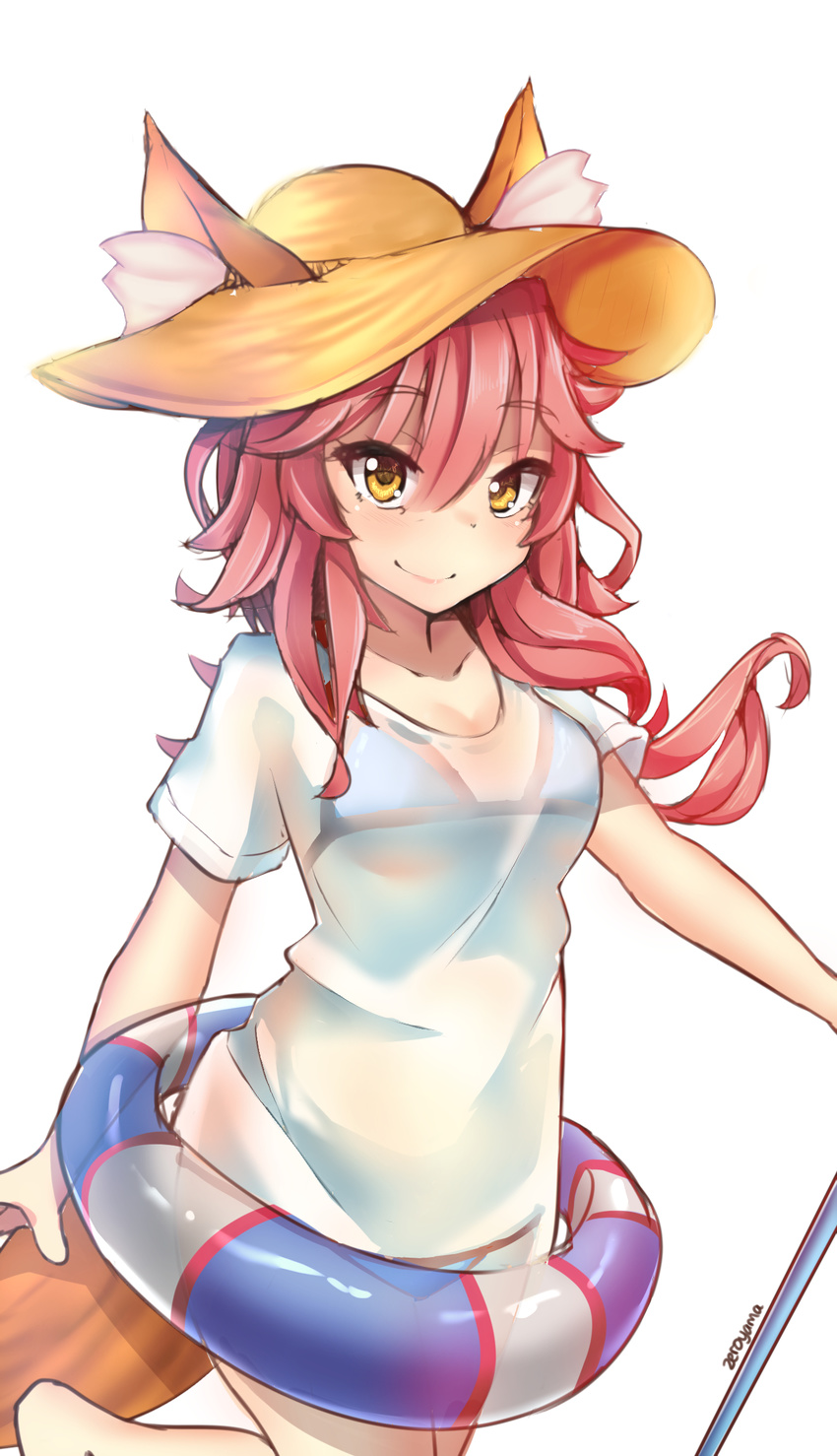 animal_ears bikini blue_bikini blush breasts cleavage ears_through_headwear fate/extra fate/grand_order fate_(series) fox_ears fox_tail hat highres large_breasts long_hair looking_at_viewer pink_hair see-through shirt simple_background solo sun_hat swimsuit t-shirt tail tamamo_(fate)_(all) tamamo_no_mae_(fate) tamamo_no_mae_(swimsuit_lancer)_(fate) wet wet_clothes wet_shirt wet_t-shirt white_background yellow_eyes zeroyama