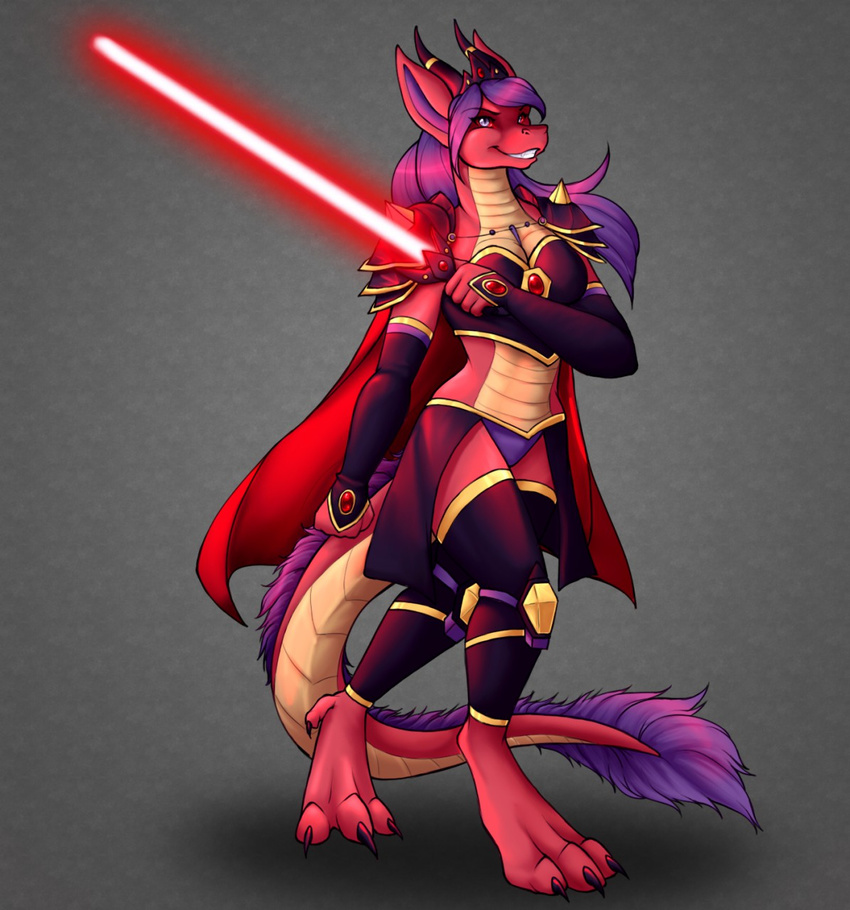 armor barefoot cape claws clemikou clothed clothing dragon hair lightsaber mesonia_berryon pauldron purple_hair red_scales robes scales skimpy smile star_wars