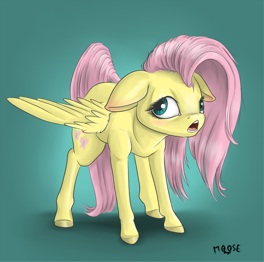 2013 blue_eyes blush cutie_mark cynicalmoose equine feathered_wings feathers female feral fluttershy_(mlp) friendship_is_magic fur hair hi_res mammal my_little_pony open_mouth pegasus pink_hair solo wings yellow_feathers yellow_fur