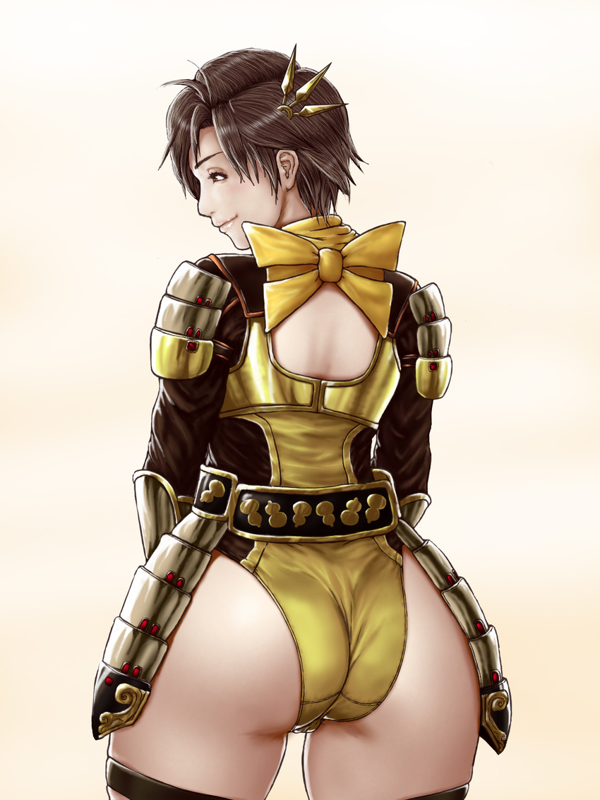 1girl armor ass back back_opening brown_eyes brown_hair cameltoe faulds from_behind hair_ornament hairclip nene_(sengoku_musou) ninja nix_(ak-style) scarf sengoku_musou sengoku_musou_2 shiny shiny_skin short_hair smile solo thighhighs