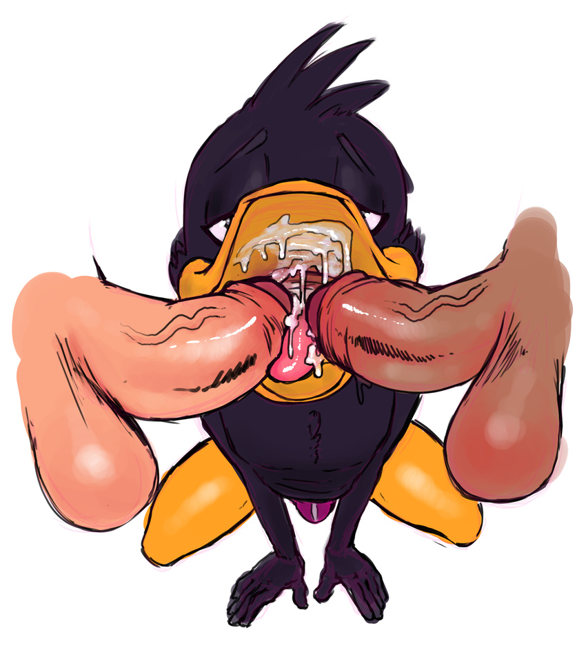 2015 5_fingers absurd_res anthro avian balls beak beakjob bird black_feathers bulge cum cum_in_mouth cum_inside daffy_duck digital_media_(artwork) disembodied_penis double_fellatio double_oral dovne duck erection feathers fellatio gaping_mouth group half-closed_eyes hi_res human human_on_anthro humanoid_penis interspecies kneeling looney_tunes male male/male mammal mouth_shot open_mouth oral partially_retracted_foreskin penis semi_pov sex simple_background tongue uncut vein warner_brothers white_background