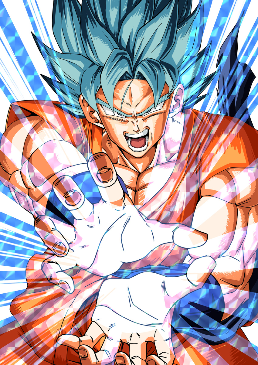 absurdres attack attacking_viewer blue_background blue_eyes blue_hair colorful dougi dragon_ball dragon_ball_super energy energy_ball fighting_stance fingernails greymon_(nodoame1215) highres kamehameha looking_at_viewer male_focus official_style open_hands open_mouth outstretched_arms outstretched_hand serious solo son_gokuu spiked_hair super_saiyan super_saiyan_blue