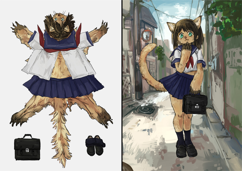 2017 38legio 5_fingers anthro bag cat claws clothed clothing death dress feline female footwear front_view fully fur hair inner_ear_fluff legwear loafers long_hair looking_at_viewer mammal miniskirt sailor_fuku school_uniform shoes simple_background skinning skirt socks solo standing street uniform what young