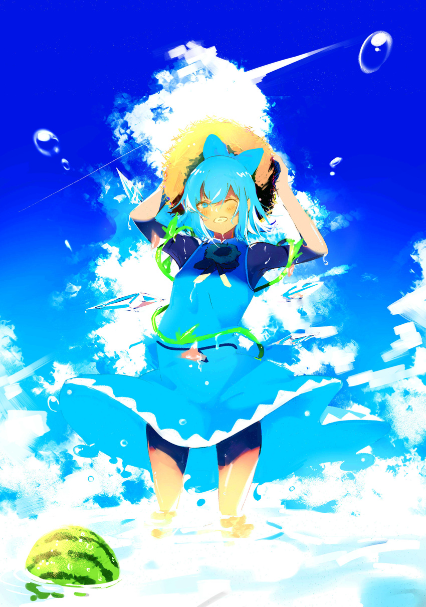 absurdres bad_id bad_pixiv_id blue_dress blue_eyes blue_hair blue_ribbon cirno dress food fruit hat highres ice ice_wings ocean ribbon shixx1995 sky smile solo sunlight touhou watermelon wings