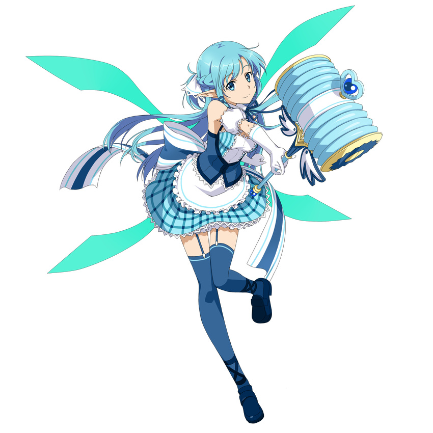 absurdres apron aqua_wings asuna_(sao) asuna_(sao-alo) blue_dress blue_eyes blue_hair blue_ribbon dress elbow_gloves floating_hair full_body garter_straps gloves hair_ribbon highres holding holding_hammer leaning_forward leg_up long_hair looking_at_viewer maid official_art pointy_ears ribbon short_dress smile solo standing standing_on_one_leg sword_art_online sword_art_online:_code_register thighhighs transparent_background very_long_hair white_apron white_gloves white_ribbon wings