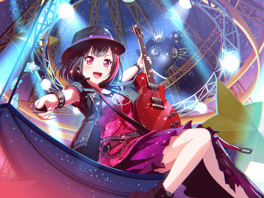 bang_dream! black_hair blush dress electric_guitar guitar happy hat mitake_ran music night short_hair violet_eyes