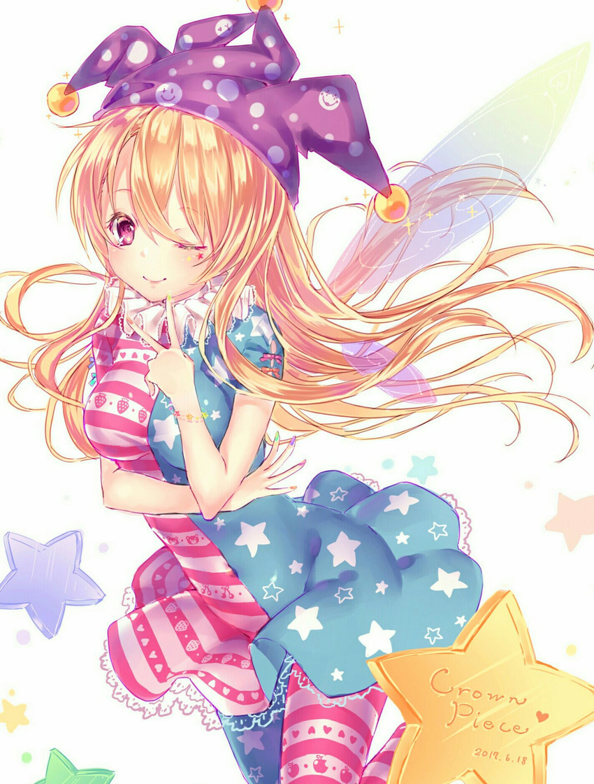 american_flag_dress american_flag_legwear blonde_hair breasts character_name clownpiece commentary_request dress engrish fairy_wings hat highres jester_cap jiinyo_(awamoe1207) long_hair medium_breasts neck_ruff one_eye_closed pantyhose pink_eyes polka_dot ranguage short_dress short_sleeves touhou v very_long_hair wings