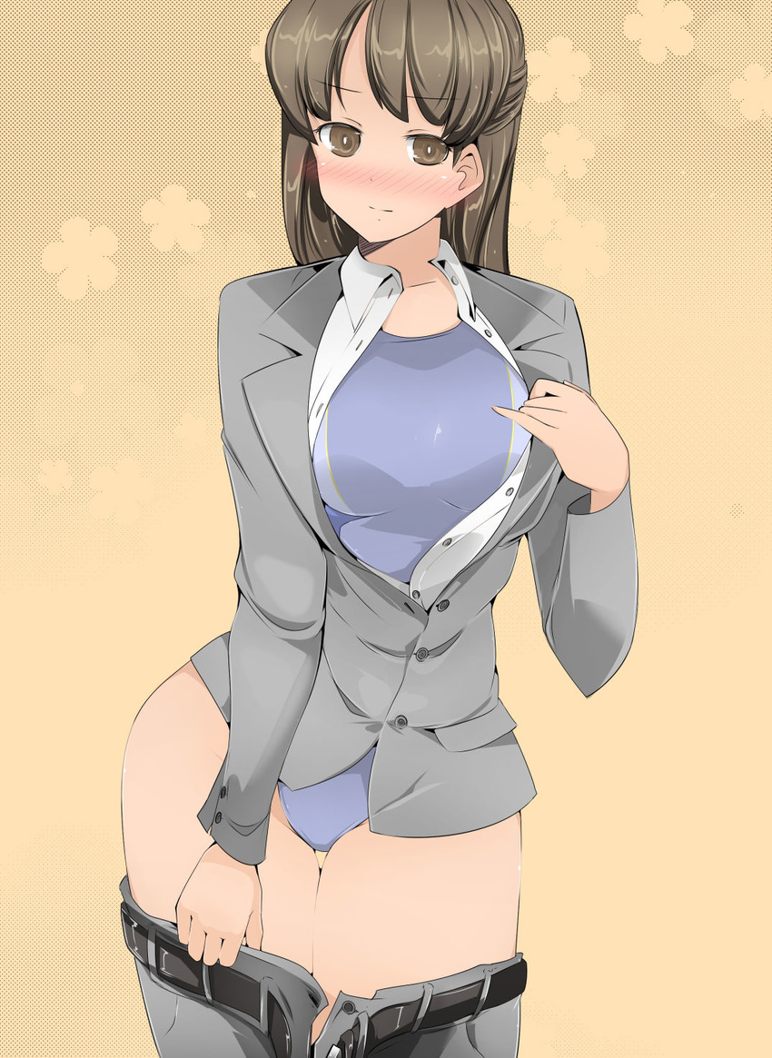 1girl bangs belt blush brown_eyes brown_hair eyebrows_visible_through_hair long_hair office_lady simple_background suit swimsuit swimsuit_under_clothes zinger_(excess_m)