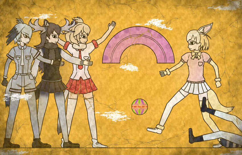 animal_ears antlers arms_up belt black_eyes black_footwear black_gloves black_hair black_legwear black_scarf black_skirt blonde_hair bow breast_pocket brown_footwear brown_hair clenched_hand closed_mouth collared_shirt commentary_request common_raccoon_(kemono_friends) crack egyptian_art eyebrows_visible_through_hair fennec_(kemono_friends) fingerless_gloves fox_ears fox_tail from_side full_body fur_collar fur_trim gloves grey_hair grey_legwear grey_shirt grey_shorts hair_between_eyes head_wings highres kemono_friends kita_(7kita) legs_apart lion_(kemono_friends) lion_ears lion_tail loafers long_hair long_sleeves lying moose_(kemono_friends) moose_ears moose_tail multicolored_hair multiple_girls necktie on_back on_ground pantyhose paper_balloon pink_sweater plaid plaid_neckwear plaid_skirt plaid_sleeves pleated_skirt pocket profile puffy_short_sleeves puffy_sleeves scarf shirt shoebill_(kemono_friends) shoes short_hair short_sleeve_sweater short_sleeves shorts skirt socks standing striped_tail sweater tail thighhighs two-tone_hair white_footwear white_neckwear white_shirt wing_collar yellow_background yellow_bow yellow_gloves yellow_skirt