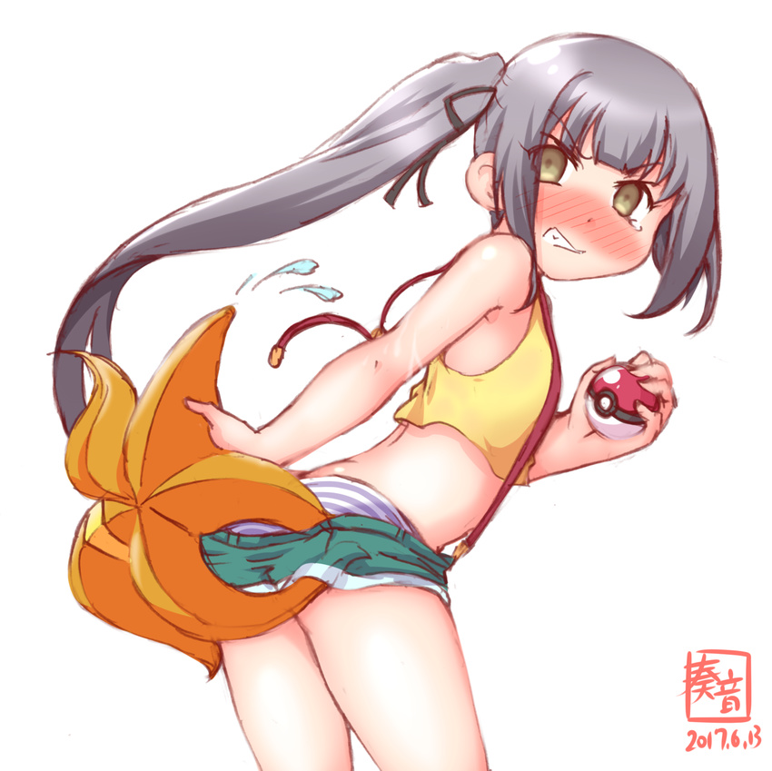 alternate_costume ass assisted_exposure bare_arms blush brown_eyes commentary_request cosplay embarrassed gen_1_pokemon highres holding holding_poke_ball kanon_(kurogane_knights) kantai_collection kasumi_(kantai_collection) kasumi_(pokemon) kasumi_(pokemon)_(cosplay) long_hair midriff namesake nose_blush panties poke_ball poke_ball_(generic) pokemon pokemon_(anime) pokemon_(classic_anime) pokemon_(creature) short_shorts shorts side_ponytail silver_hair staryu striped striped_panties suspenders tears underwear