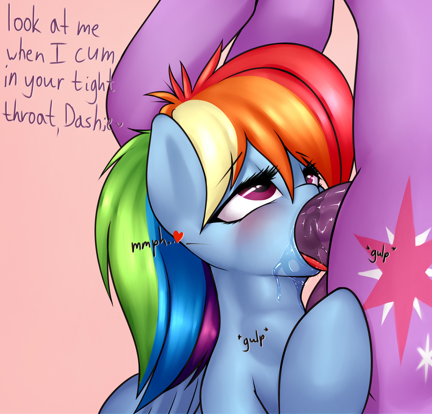 &lt;3 2016 balls blush cutie_mark deep_throat dialogue duo elzzombie english_text equine female feral friendship_is_magic hair hi_res horse male mammal multicolored_hair my_little_pony neck_bulge oral pegasus penis pony purple_balls rainbow_dash_(mlp) rainbow_hair simple_background text tongue tongue_out twilight_sparkle_(mlp) wings