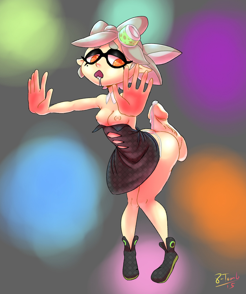 +_+ 1girl 8-tomb artist_name ass bare_shoulders black_dress black_shoes breasts breasts_outside cum cum_on_ass detached_collar dress drooling food food_on_head full_body hair_ornament highres hotaru_(splatoon) knees_together_feet_apart looking_back mole mole_under_eye nipples open_mouth orange_eyes penis pointy_ears rainbow_background saliva shoes short_hair signature silver_hair simple_background small_breasts splatoon strapless strapless_dress teeth tentacle_hair text uncensored
