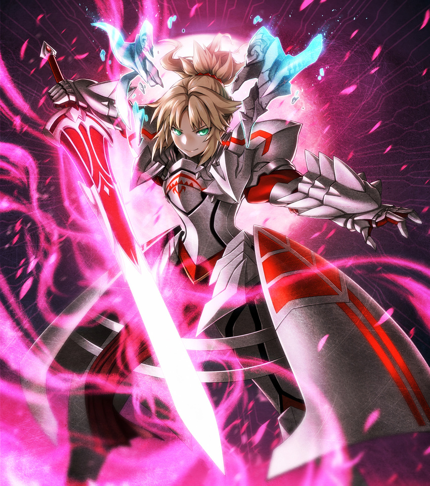 ahoge aqua_eyes armor armored_boots armored_dress bangs blonde_hair boots breastplate broken clarent closed_mouth commentary_request explosion fate/apocrypha fate/grand_order fate_(series) faulds fighting_stance gauntlets glowing glowing_eyes glowing_sword glowing_weapon highres holding holding_sword holding_weapon kurobuchi_numama legs_apart long_hair looking_at_viewer mordred_(fate) mordred_(fate)_(all) outstretched_arms pauldrons ponytail revision smile solo standing sword weapon