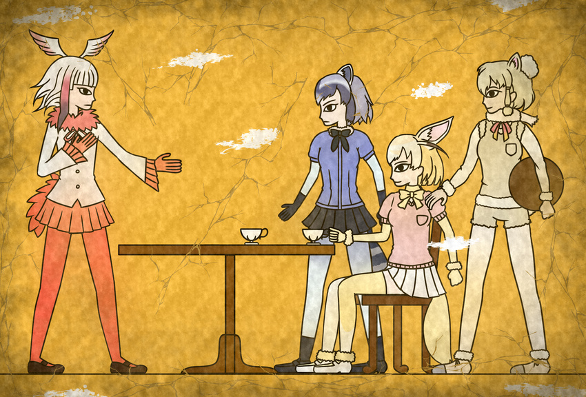 alpaca_ears alpaca_suri_(kemono_friends) animal_ears beige_footwear beige_sweater black_bow black_eyes black_footwear black_gloves black_hair black_legwear black_skirt blonde_hair blue_shirt bow breast_pocket breasts brown_hair chair clenched_hand closed_mouth commentary_request common_raccoon_(kemono_friends) crack cup egyptian_art fennec_(kemono_friends) fox_ears fox_tail frilled_sleeves frills from_side full_body fur_collar fur_trim gloves grey_hair hand_on_another's_shoulder hand_on_own_chest head_wings highres holding japanese_crested_ibis_(kemono_friends) kemono_friends kita_(7kita) legs_apart long_hair long_sleeves mary_janes medium_breasts multicolored multicolored_hair multicolored_ribbon multiple_girls orange_skirt pantyhose pink_sweater pleated_skirt pocket profile puffy_short_sleeves puffy_sleeves raccoon_ears raccoon_tail red_gloves red_hair red_legwear red_ribbon ribbon shirt shoes short_hair short_sleeve_sweater short_sleeves sitting skirt smile standing striped_tail sweater sweater_vest table tail teacup thighhighs tray two-tone_hair white_footwear white_hair white_legwear white_shirt yellow_background yellow_bow yellow_gloves yellow_ribbon yellow_skirt