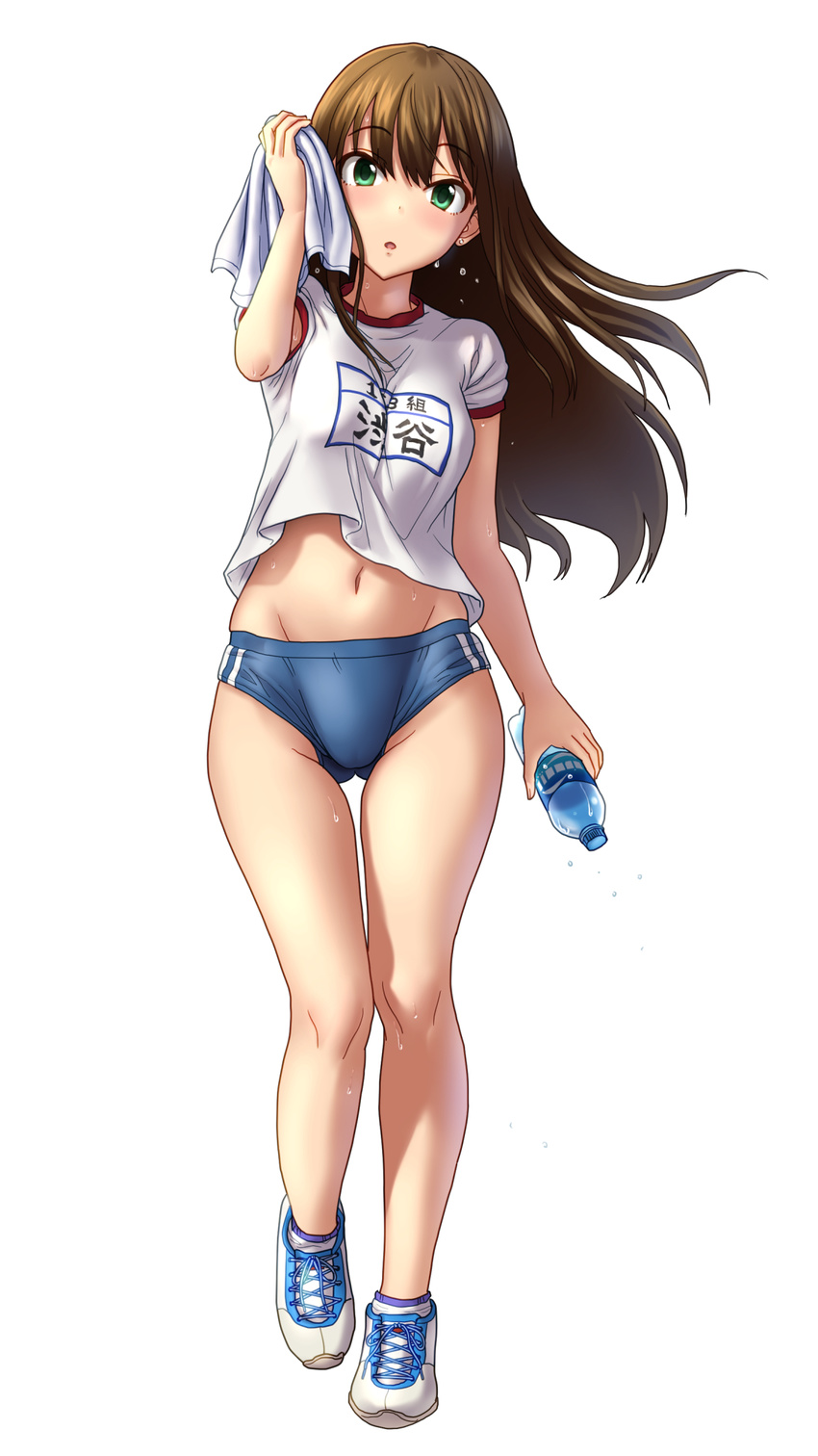 alternate_costume ass_visible_through_thighs black_hair blush bottle buruma full_body green_eyes groin gym_uniform highres holding holding_bottle idolmaster idolmaster_cinderella_girls kezune_(i-_-i) long_hair looking_at_viewer midriff name_tag navel shibuya_rin short_sleeves simple_background solo sweat towel wedgie white_background