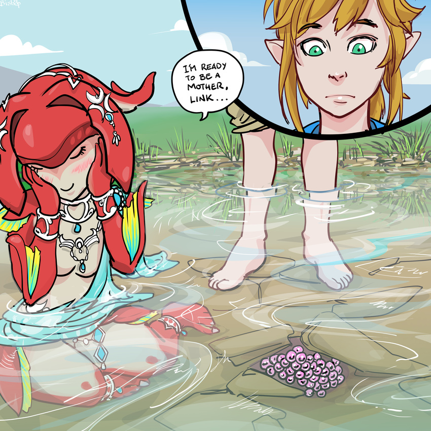 anthro barefoot bishopbb blush breasts breath_of_the_wild clothed clothing duo egg female fin green_eyes hands_on_face hi_res human jewelry link male mammal marine mipha nintendo outside raised_eyebrows small_breasts smile the_legend_of_zelda video_games zora