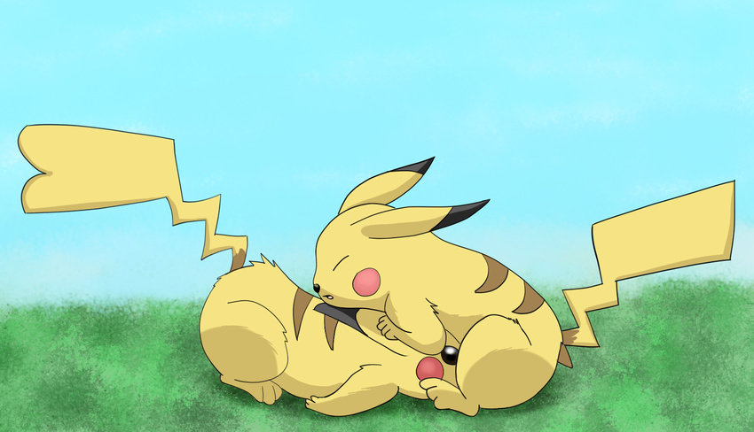 cleft_tail draquarzi duo eyes_closed female feral feral_on_feral fur male male/female mammal nintendo oral orgasm outside pikachu pok&eacute;mon rodent sex simple_background video_games yellow_fur