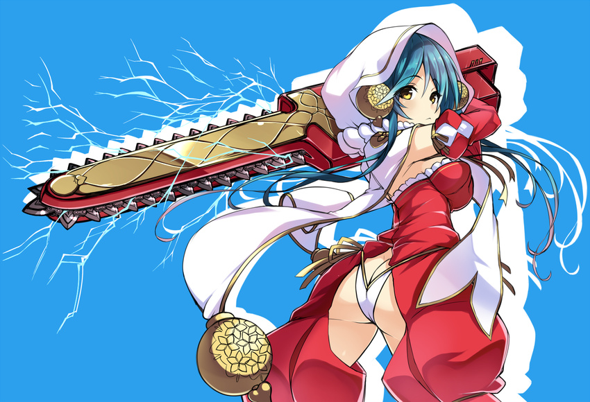 :&lt; ass blue_background blue_hair butt_crack chainsword closed_mouth cowboy_shot crotchless_pants electricity expressionless flower_knight_girl gene_(gear_gene) hood long_hair looking_at_viewer over_shoulder panties pants red_pants shamusakuraran_(flower_knight_girl) simple_background solo underwear weapon weapon_over_shoulder white_panties yellow_eyes
