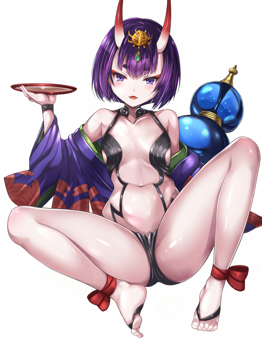 alcohol bangs bob_cut bottle breasts cup eyebrows_visible_through_hair fangs fate/grand_order fate_(series) highres horns japanese_clothes kimono looking_at_viewer navel oni oni_horns open_clothes open_kimono open_mouth purple_eyes purple_hair sakazuki sake short_hair shuten_douji_(fate/grand_order) simple_background small_breasts smile solo spread_legs taka-kun white_background