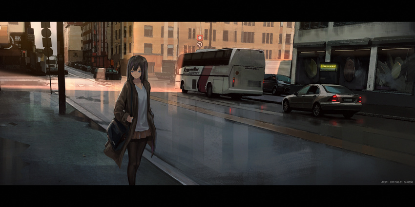 artist_name bag black_hair black_legwear blue_eyes blue_skirt bus car dated gh_(chen_ghh) ground_vehicle handbag highres long_hair looking_away medium_hair motor_vehicle original pantyhose road road_sign scenery sign sketch skirt solo